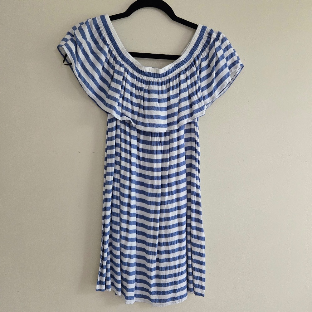 Blue & White Striped Off-Shoulder A-Line Dress